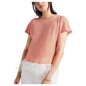 Anthropologie Eva Franco Orange White Short Sleeve Top Feathered Hem Large